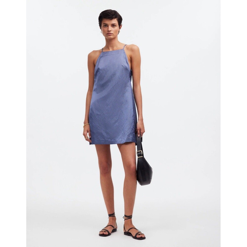 Madewell Size 6 High Neck Mini Dress Sleeveless Blue Cotton Linen NWT $118
